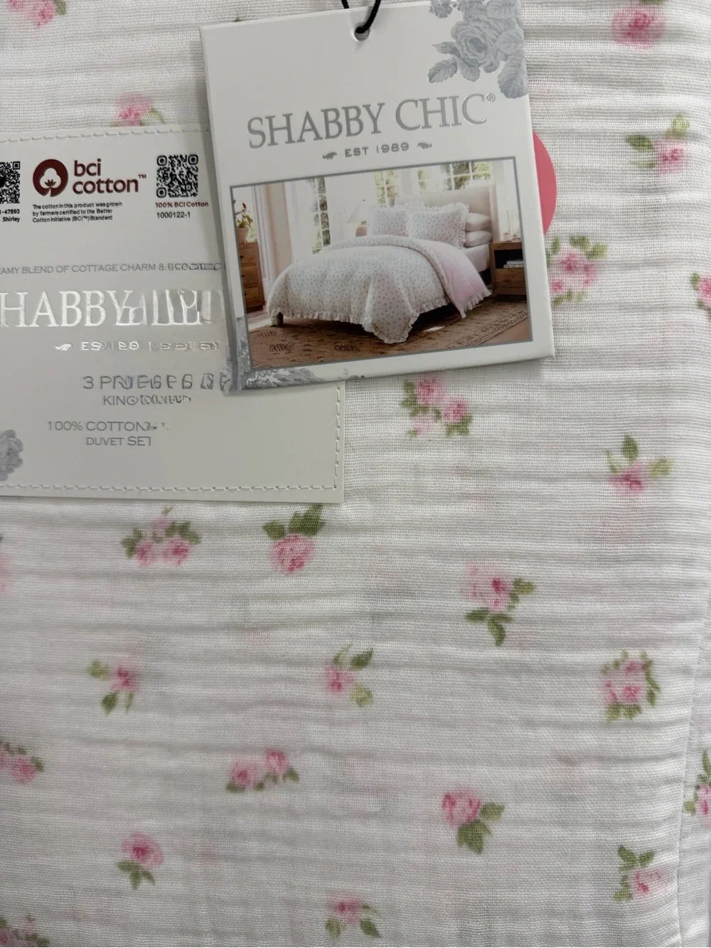 Shabby Chic Pink 3 PC King Gauze Duvet Set Pink Rose with Ruffles ~ Matching Bag - Picture 10 of 16